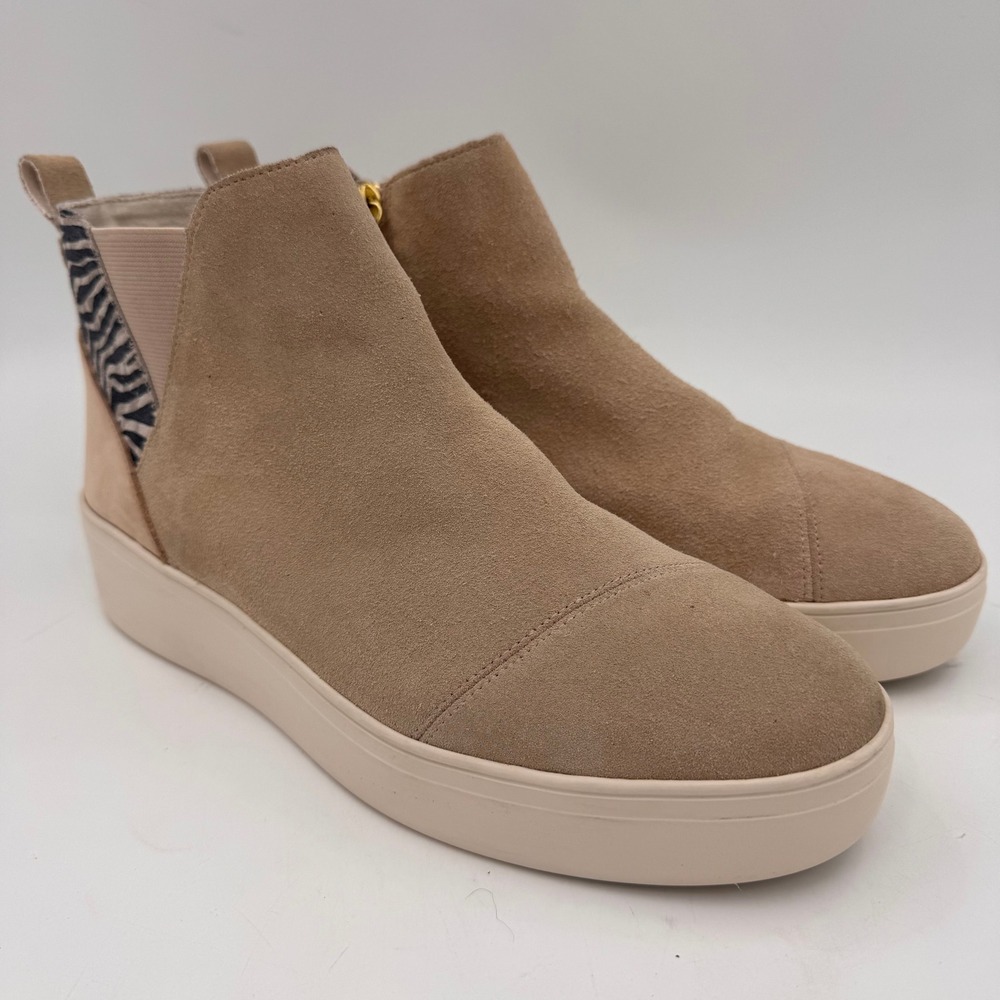 TOMS Jamie Taupe Suede Wedge Sneaker Booties Zebra Platform Ankle Boots Women 10
